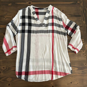 Women's Amaryllis Red White Plaid Tunic Top Cotton V-Neck L
